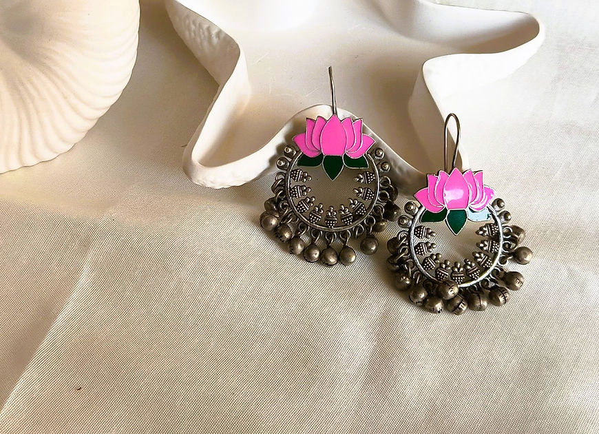 Padma Pink Enamel Lotus silver look Earrings!!