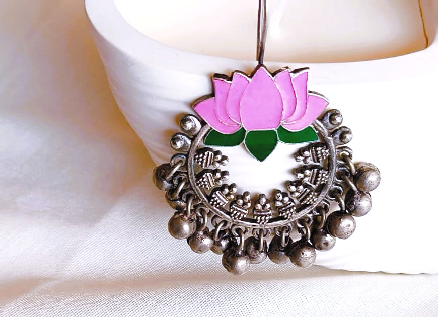 Padma Pink Enamel Lotus silver look Earrings!!