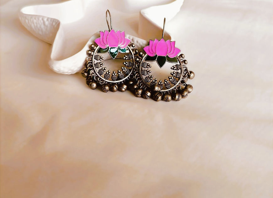 Padma Pink Enamel Lotus silver look Earrings!!
