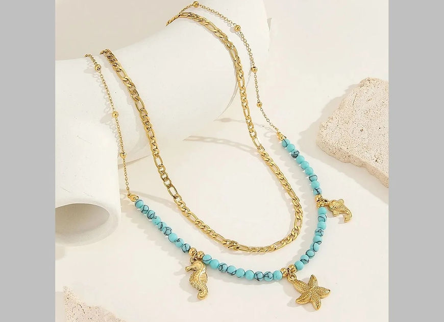 Beach Sea Horse Star Fish Beads Dual Layer Necklace
