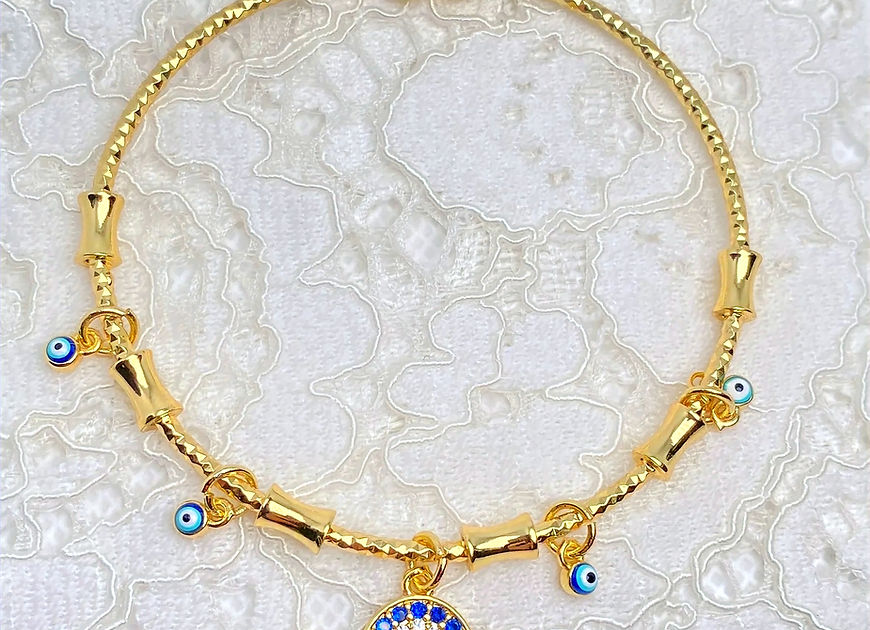 Evil Eye Blue CZ Enamel Charm Kada Bracelet
