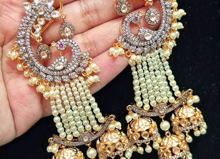 Kshitija Peacock shaped Pachhi Kundan Jhumki Earrings!