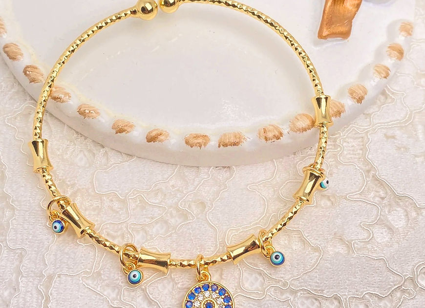 Evil Eye Blue CZ Enamel Charm Kada Bracelet