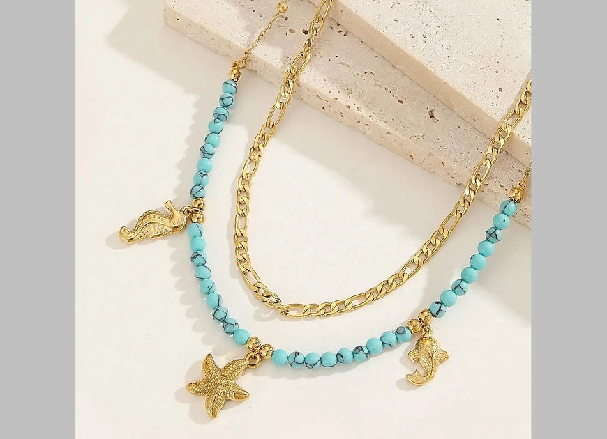 Beach Sea Horse Star Fish Beads Dual Layer Necklace