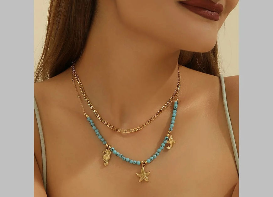 Beach Sea Horse Star Fish Beads Dual Layer Necklace