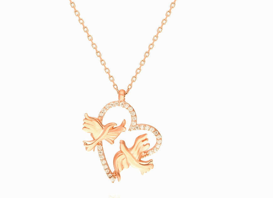 Koibito Birds CZ diamond Heart Pedant Chain Necklace
