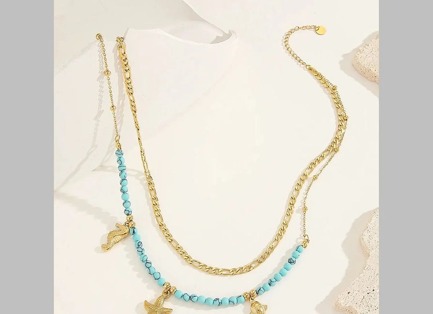 Beach Sea Horse Star Fish Beads Dual Layer Necklace
