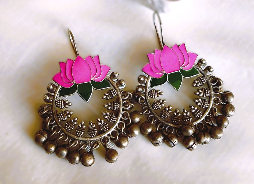 Padma Pink Enamel Lotus silver look Earrings!!